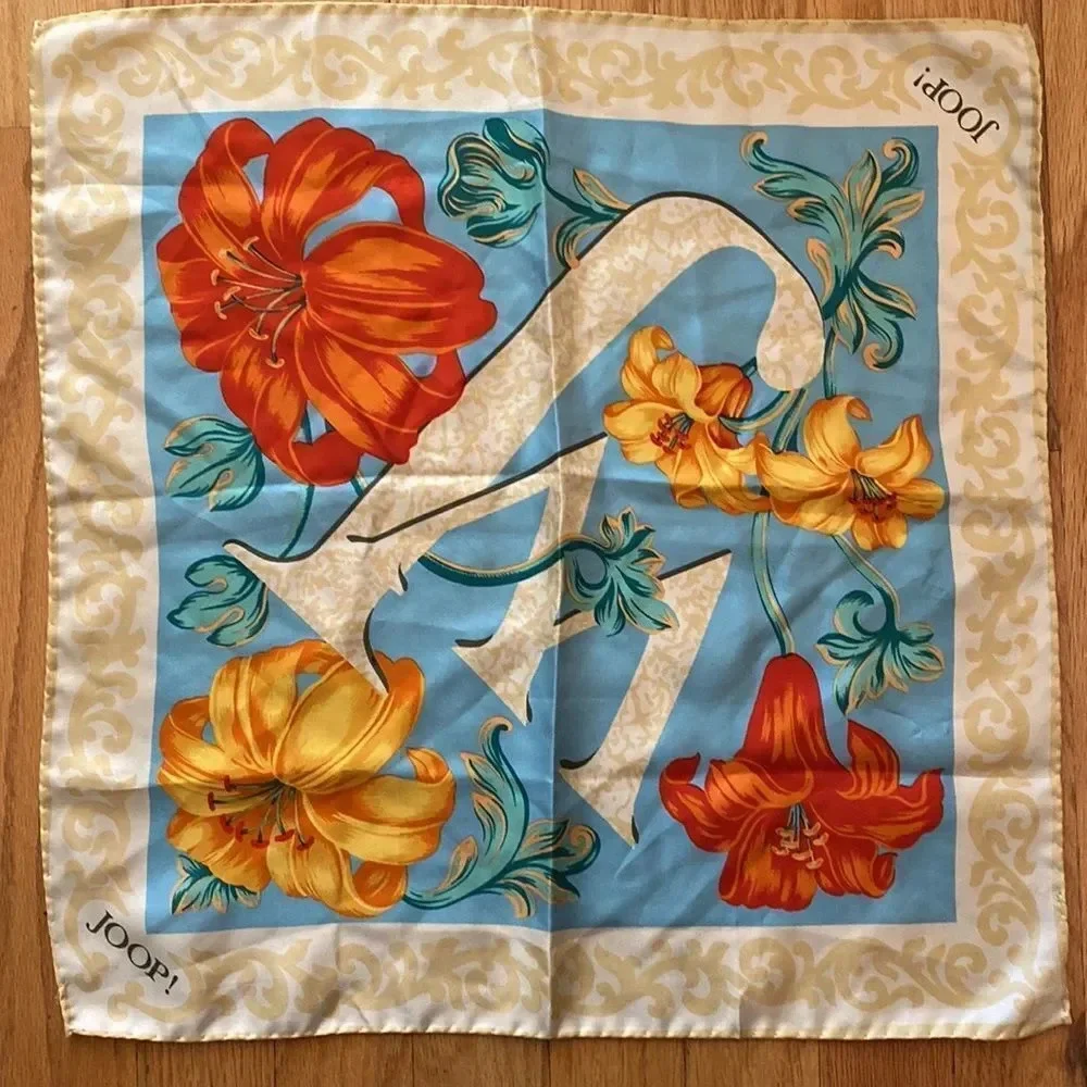 Joop silk sz S scarf for neck or wrap in hair day lily tan white orange blue red